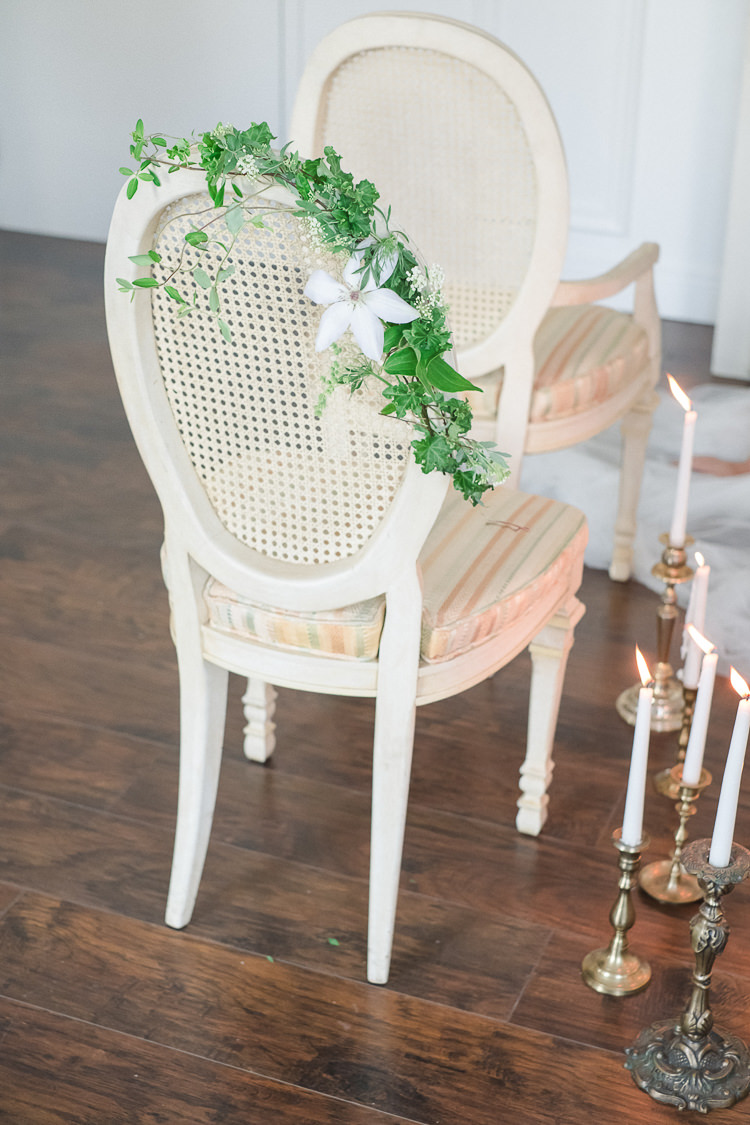 Chair Flowers Greenery Light Soft Romantic Wedding Ideas http://www.vanessavelez.photo/