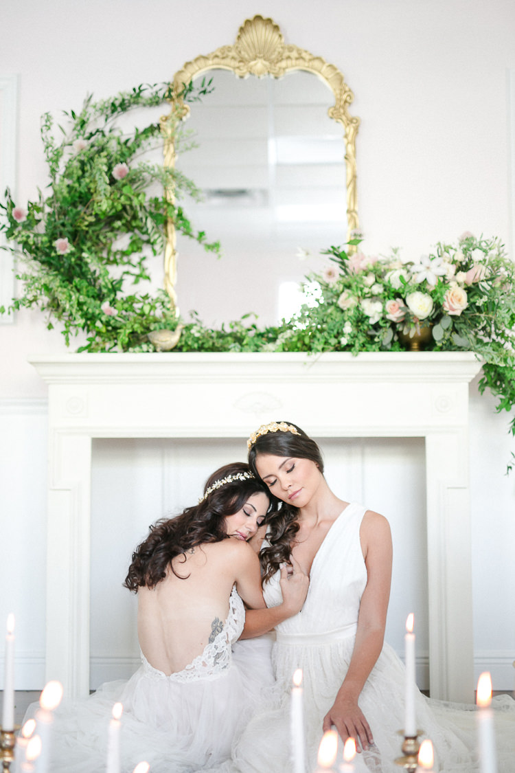 Fireplace Mantle Flowers Greenery Foliage Pink Light Soft Romantic Wedding Ideas http://www.vanessavelez.photo/