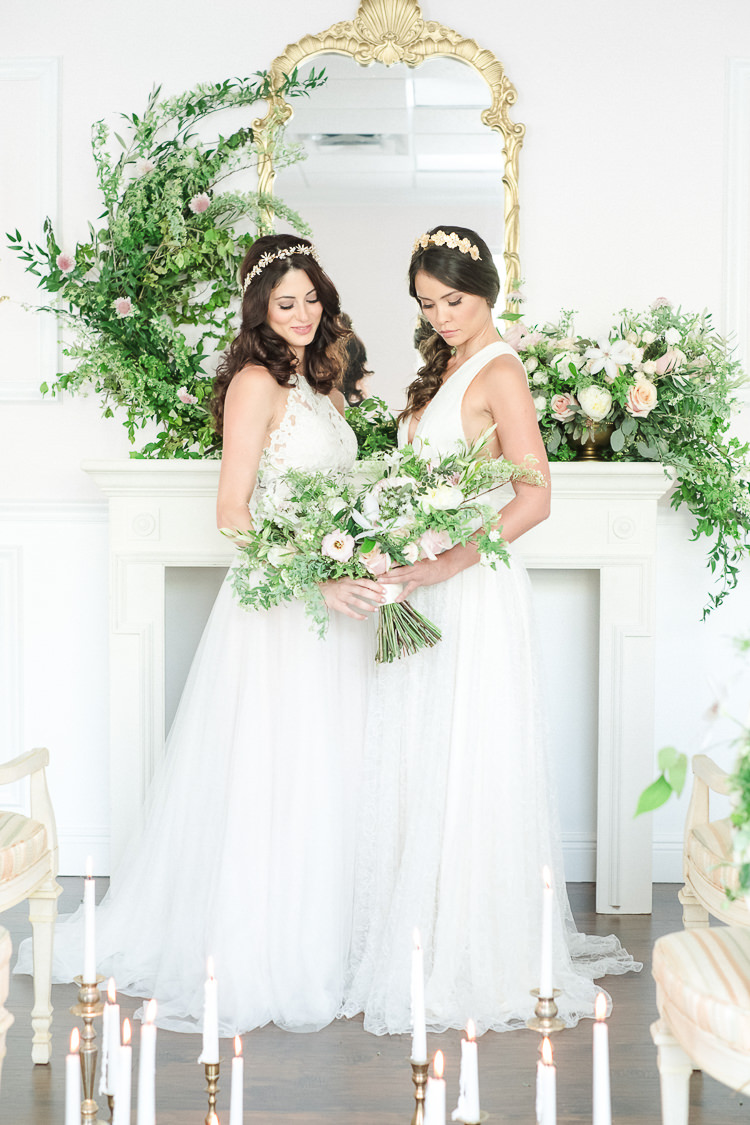 Fireplace Mantle Flowers Greenery Foliage Pink Light Soft Romantic Wedding Ideas http://www.vanessavelez.photo/