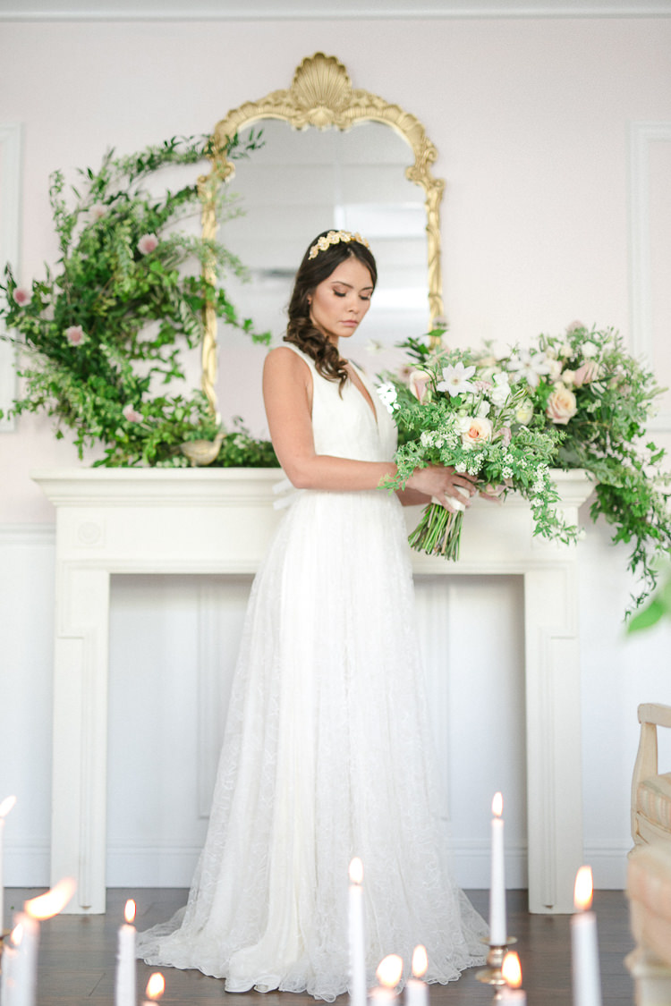 Fireplace Mantle Flowers Greenery Foliage Pink Light Soft Romantic Wedding Ideas http://www.vanessavelez.photo/
