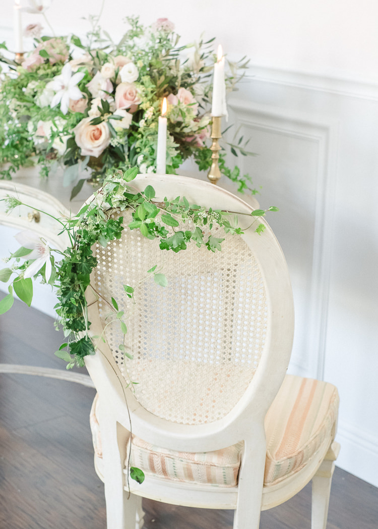 Chair Flowers Greenery Foliage Light Soft Romantic Wedding Ideas http://www.vanessavelez.photo/