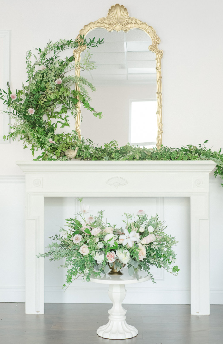 Fireplace Mantle Flowers Greenery Foliage Pink Light Soft Romantic Wedding Ideas http://www.vanessavelez.photo/
