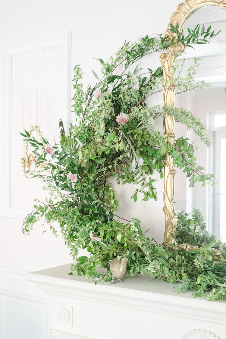 Fireplace Mantle Flowers Greenery Foliage Pink Light Soft Romantic Wedding Ideas http://www.vanessavelez.photo/