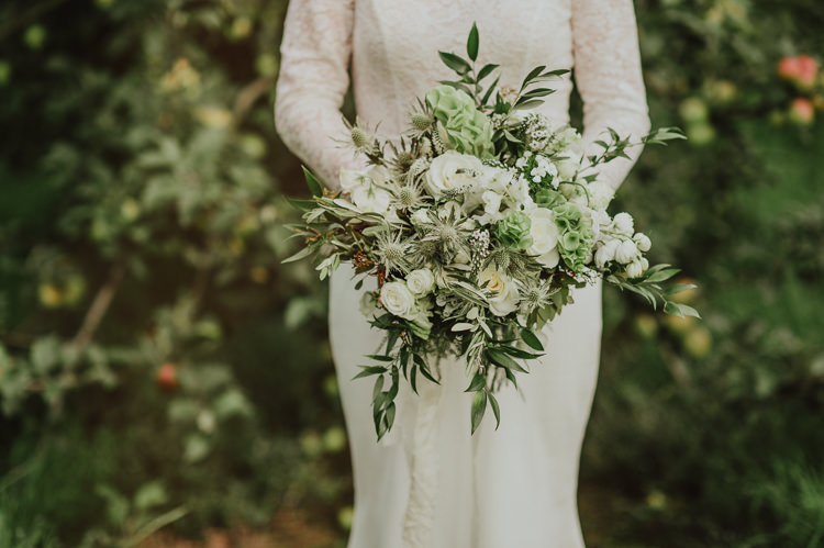Bouquet Flowers Bride Bridal Green Foliage Rose Thistle Hydrangea Rustic Greenery White Apple Orchard Wedding http://bigbouquet.co.uk/