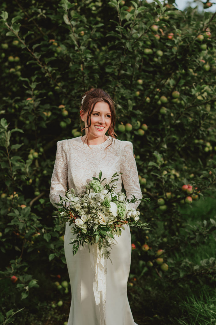 Bouquet Flowers Bride Bridal Green Foliage Rose Thistle Hydrangea Ribbon Rustic Greenery White Apple Orchard Wedding http://bigbouquet.co.uk/