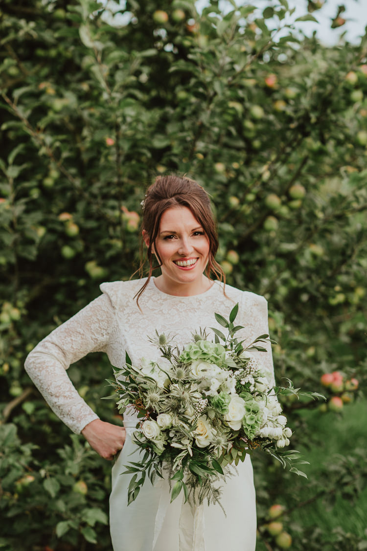 Bouquet Flowers Bride Bridal Green Foliage Rose Thistle Hydrangea Rustic Greenery White Apple Orchard Wedding http://bigbouquet.co.uk/