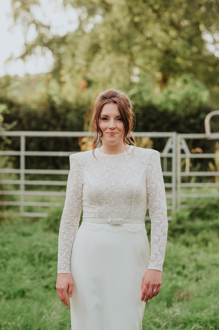 Lace Top Sleeves Bride Bridal Dress Gown Skirt Sassi Holford Belt Rustic Greenery White Apple Orchard Wedding http://bigbouquet.co.uk/