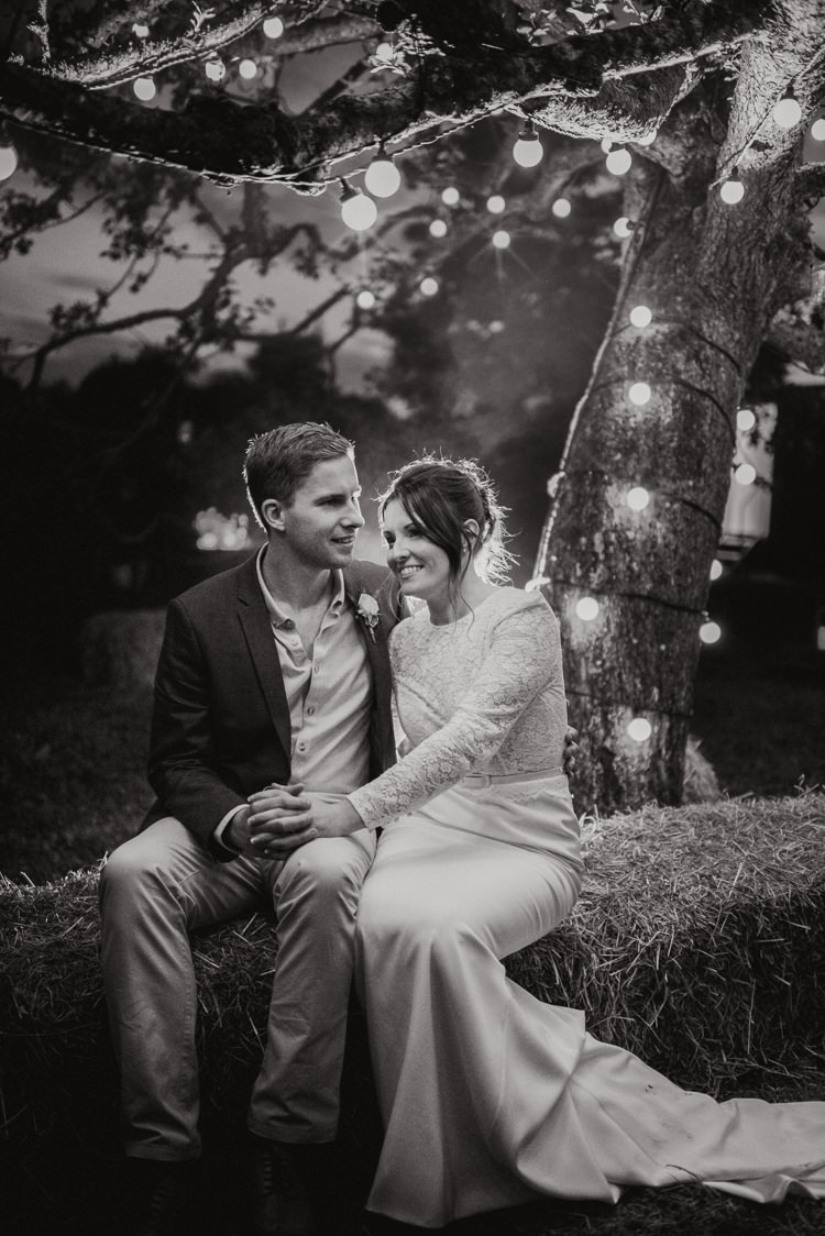 Festoon Lights Lighting Hay Bales Rustic Greenery White Apple Orchard Wedding http://bigbouquet.co.uk/