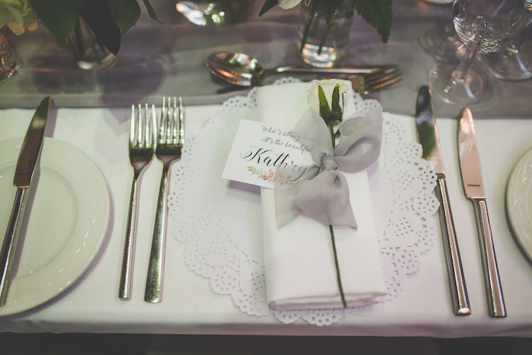 Table Place Setting Grey Voile Modern Calligraphy Single White Rose Doily Black Tie Glamour Country Estate Wedding https://www.chrisblackledgephotography.co.uk/