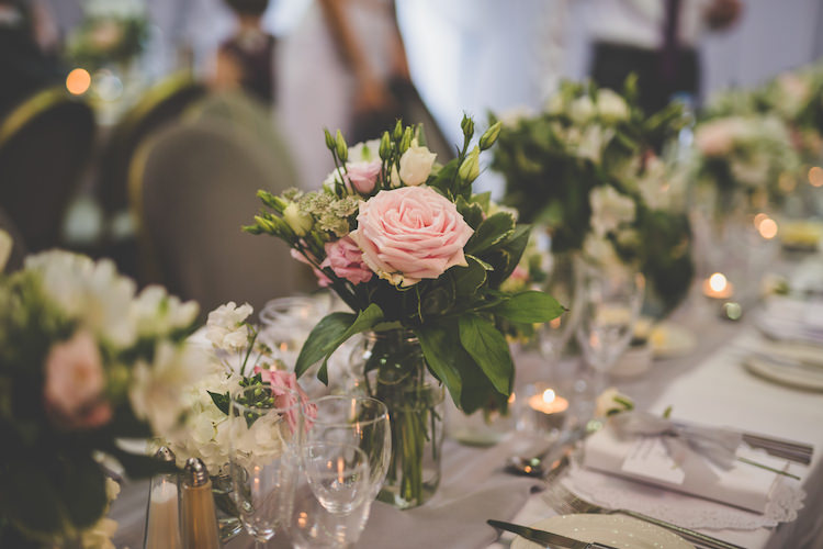Floral Flowers Pink White Rose Greenery Grey Voile Table Setting Jars Vases Black Tie Glamour Country Estate Wedding https://www.chrisblackledgephotography.co.uk/