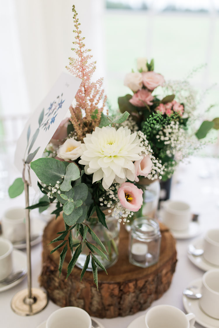 Centrepiece Flowers Jars Candles Log Pink White Simple Natural Honest Marquee Wedding https://www.gemmagiorgio.com/