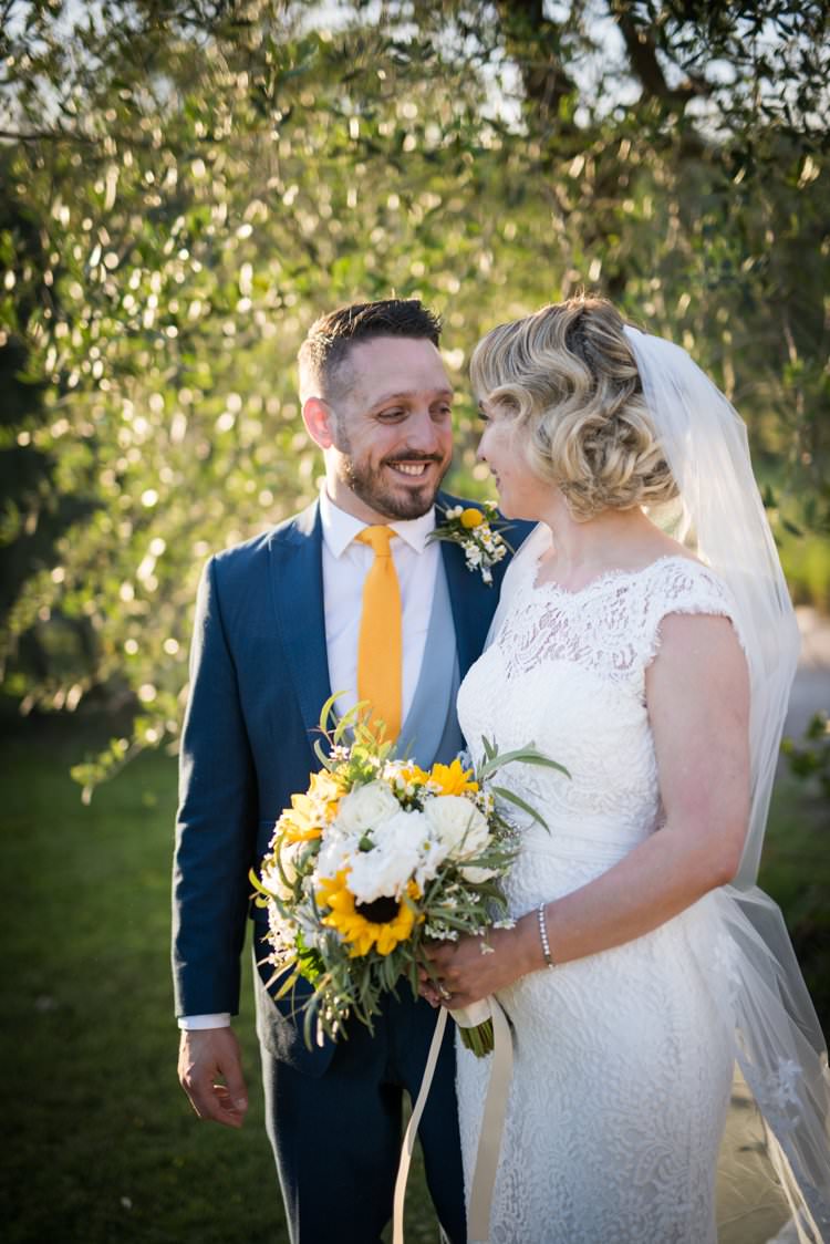Veil Long Lace Up-Do Scoop Back Gown Cap Sleeve Groom Yellow Navy Outdoor Tuscany Wedding http://www.natalymontanari.com/
