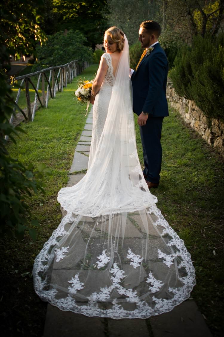 Veil Long Lace Up-Do Scoop Back Gown Cap Sleeve Yellow Navy Outdoor Tuscany Wedding http://www.natalymontanari.com/