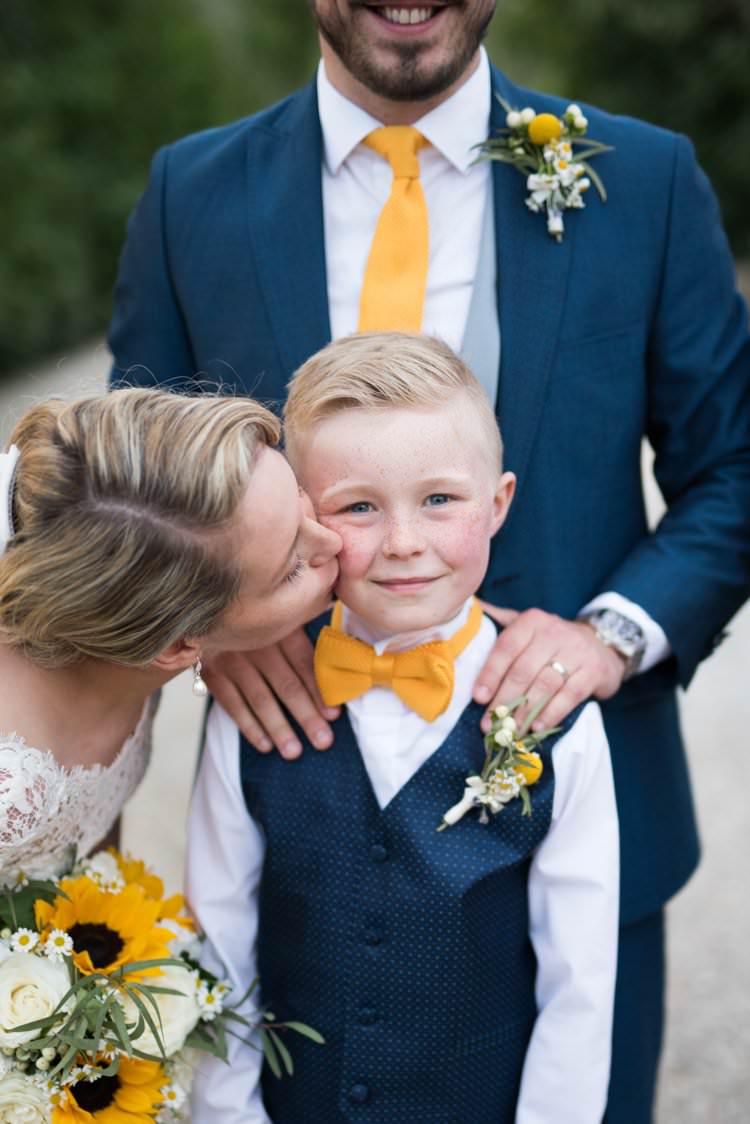 Veil Long Lace Up-Do Scoop Back Gown Cap Sleeve Groom Page Boy Yellow Navy Outdoor Tuscany Wedding http://www.natalymontanari.com/