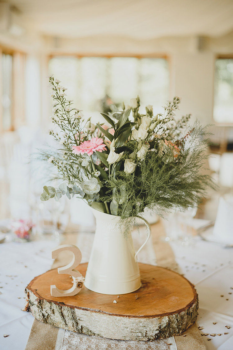 Jug Flowers Log Slice Centrepiece Decor Tables Vintage Retro Inspired Pastel Wedding https://www.georgiarachael.com/
