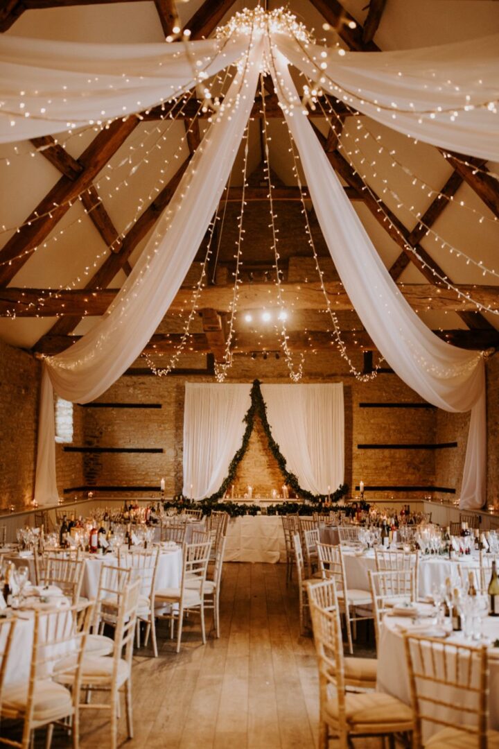 Barn Wedding Decor Idea Drapes Fairy Lights Siobhan Beales Photography