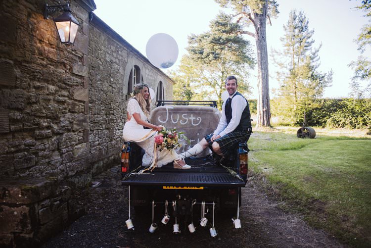 Just Married Truck Transport Bohemian Creative Summer Barn Wedding http://www.pocketsquarephotography.com/
