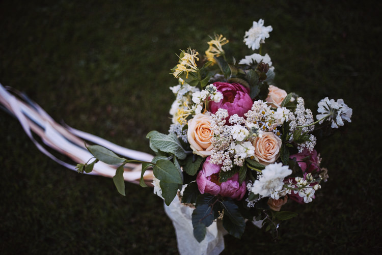 Pink Peony Rose Ribbon Bouquet Flowers Bride Bridal Bohemian Creative Summer Barn Wedding http://www.pocketsquarephotography.com/