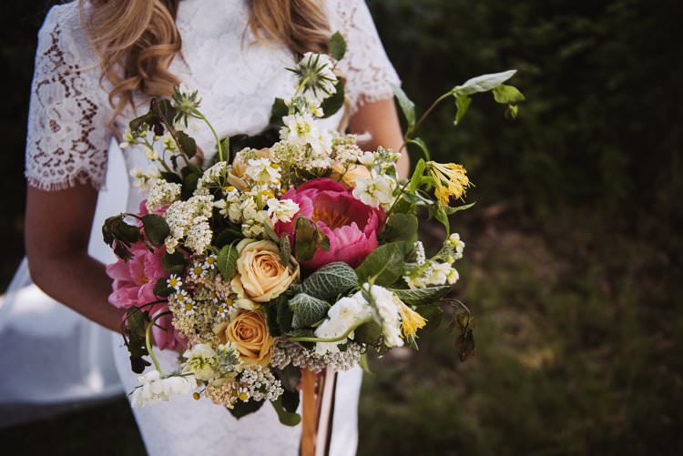 Coral Peony Rose Wild Bouquet Flowers Bride Bridal Ribbons Bohemian Creative Summer Barn Wedding http://www.pocketsquarephotography.com/