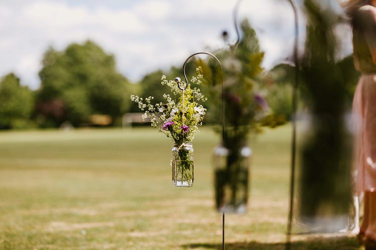 Meadow Wildflower Shepherds Crook Jar Aisle Florals Multicoloured Hand Made Fun Outdoor Wedding https://www.sharrongibson.co.uk/