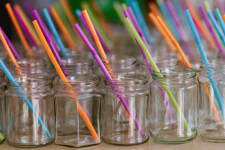 Jam Jar Glasses Colourful Straws Multicoloured Hand Made Fun Outdoor Wedding https://www.sharrongibson.co.uk/