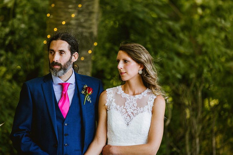 Bride Bridal Lace Embellished Mesh ASOS Sleeveless Tea Length Dress Gown Next Groom Pink Tie Waistcoat Three Piece Multicoloured Hand Made Fun Outdoor Wedding https://www.sharrongibson.co.uk/