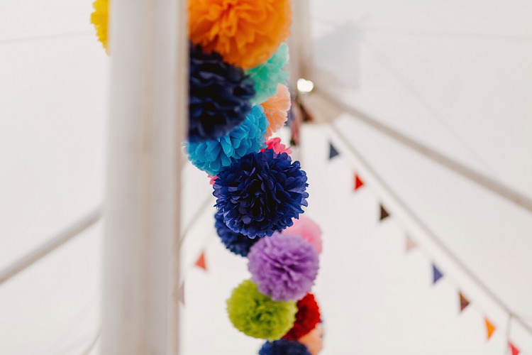 Paper Pom Poms Bunting Marquee Multicoloured Hand Made Fun Outdoor Wedding https://www.sharrongibson.co.uk/