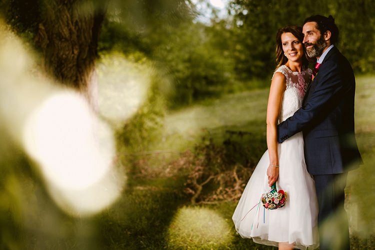 Bride Bridal Lace Embellished Mesh ASOS Sleeveless Tea Length Dress Gown Next Groom Pink Tie Waistcoat Three Piece Button Bouquet Multicoloured Hand Made Fun Outdoor Wedding https://www.sharrongibson.co.uk/