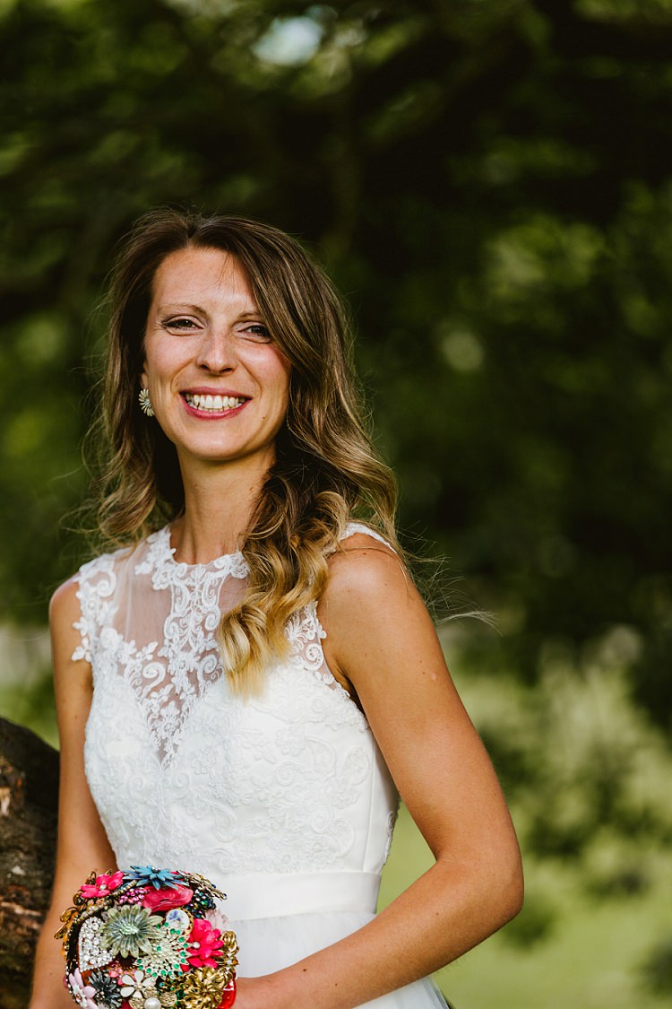 Bride Bridal Lace Embellished Mesh ASOS Sleeveless Brooch Bouquet Vintage Reclaimed Multicoloured Hand Made Fun Outdoor Wedding https://www.sharrongibson.co.uk/