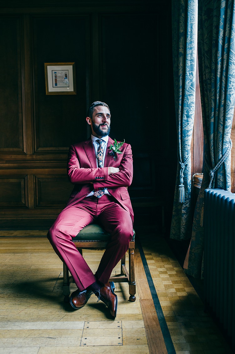 Suit Groom Floral Tie Whimsical Stylish Burgundy Rose Gold Tent Wedding https://www.jakemorley.co.uk/