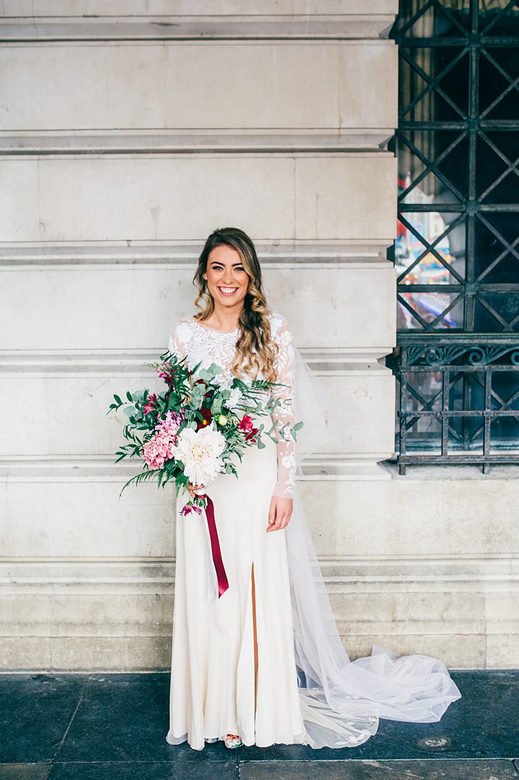 Hermione de Paula Dress Gown Bride Bridal Embroidered Sleeves Veil Bouquet Large Pink Flowers Split Whimsical Stylish Burgundy Rose Gold Tent Wedding https://www.jakemorley.co.uk/