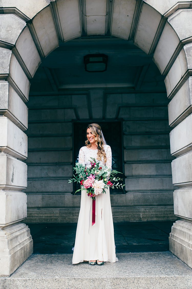 Hermione de Paula Dress Gown Bride Bridal Embroidered Sleeves Veil Bouquet Large Pink Flowers Whimsical Stylish Burgundy Rose Gold Tent Wedding https://www.jakemorley.co.uk/
