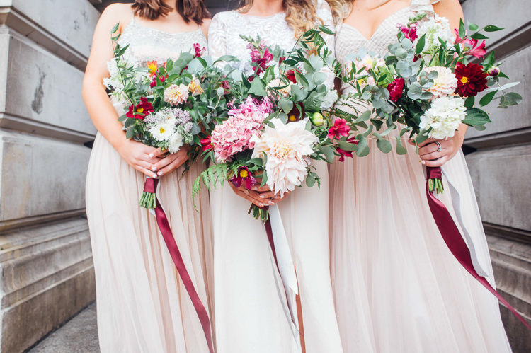 Bride Bridal Bridesmaid Bouquets Ribbon Foliage Greenery Pink Dahlia Hydrangea Whimsical Stylish Burgundy Rose Gold Tent Wedding https://www.jakemorley.co.uk/