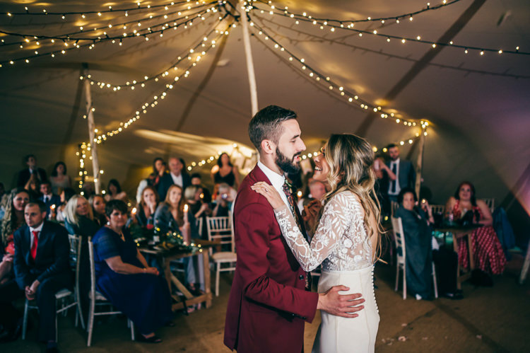 First Dance Festoon Fairy Lights Whimsical Stylish Burgundy Rose Gold Tent Wedding https://www.jakemorley.co.uk/