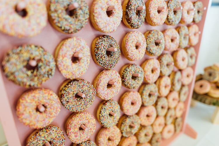 Donuts Wall Frame Cake Alternative Colourful Outdoor Humanist Village Hall Wedding http://www.chebirchhayesphotography.com/