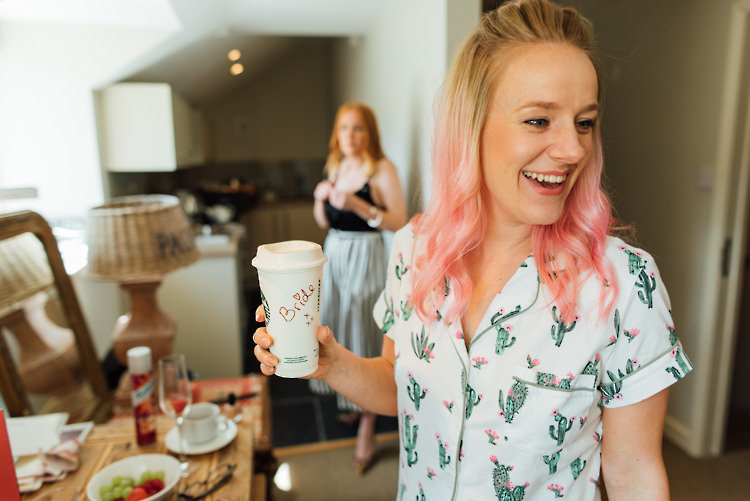 Bride Bridal Prep Catus PJs Starbucks Alternative Colourful Outdoor Humanist Village Hall Wedding http://www.chebirchhayesphotography.com/
