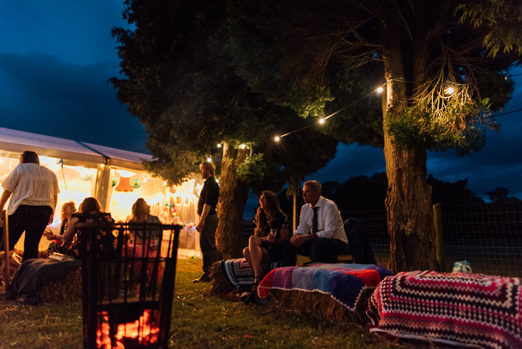 Hay Bale Seating Festoon Lights Alternative Colourful Outdoor Humanist Village Hall Wedding http://www.chebirchhayesphotography.com/