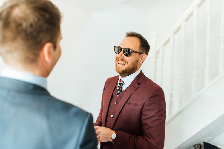 Burgundy Suit Groom Sunglasses Alternative Colourful Outdoor Humanist Village Hall Wedding http://www.chebirchhayesphotography.com/