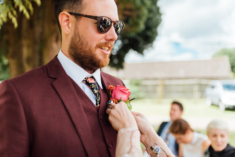 Burgundy Suit Floral Tie Sunglasses Groom Alternative Colourful Outdoor Humanist Village Hall Wedding http://www.chebirchhayesphotography.com/