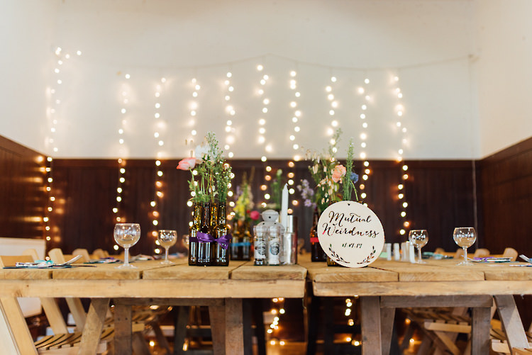 Fairy Light Curtain Flowers Wooden Tables Alternative Colourful Outdoor Humanist Village Hall Wedding http://www.chebirchhayesphotography.com/