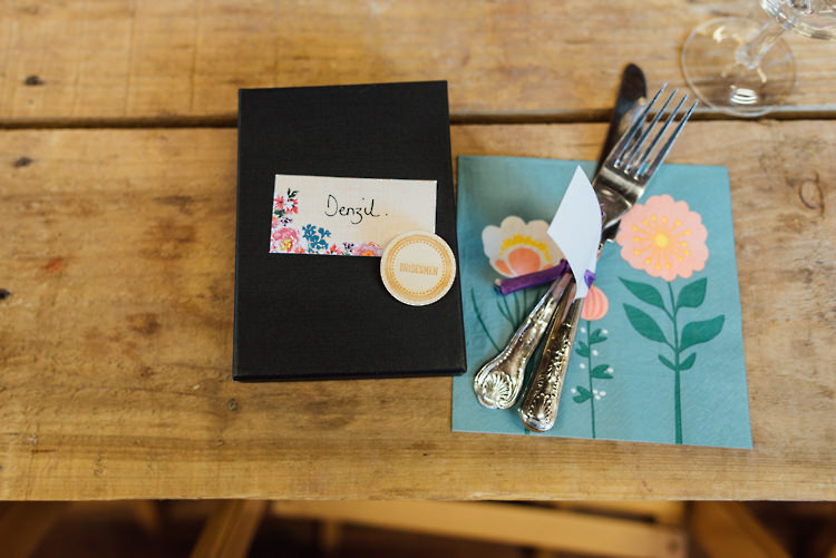 Place Setting Floral Name Card Alternative Colourful Outdoor Humanist Village Hall Wedding http://www.chebirchhayesphotography.com/