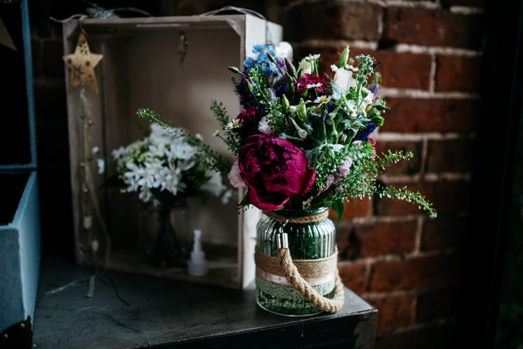 Jar Flowers Pink Blue Twine Red Rustic Spring Barn Wedding http://www.jennymacare.com/