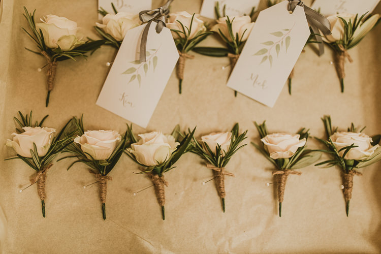 White Rose Buttonholes Rosemary Rustic Greenery Dove Grey Country Barn Wedding http://jonnymp.com/