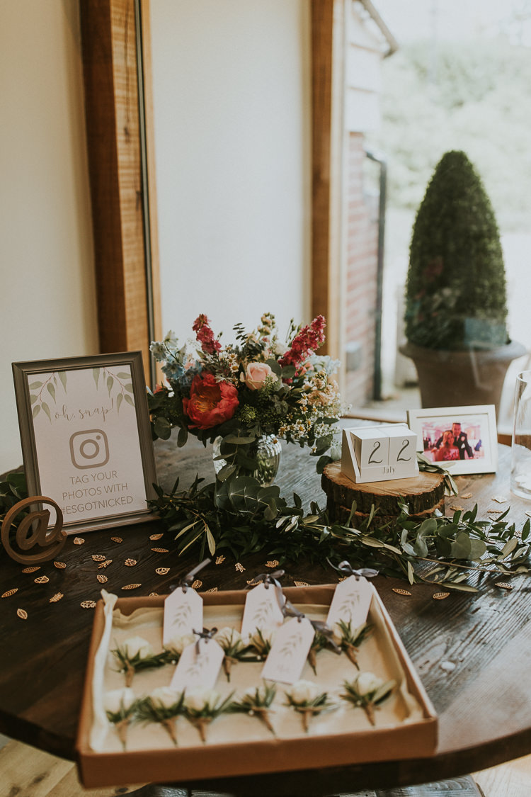 Flowers Buttonholes Instagram Sign Rustic Greenery Dove Grey Country Barn Wedding http://jonnymp.com/
