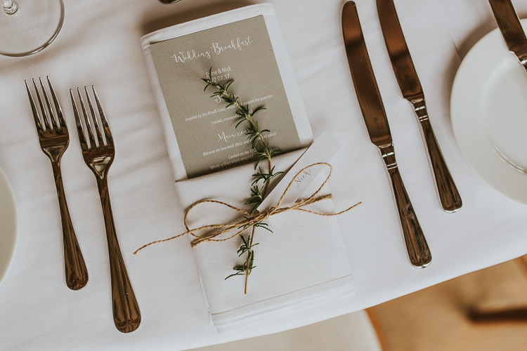 Rosemary Place Setting Twine Menu Rustic Greenery Dove Grey Country Barn Wedding http://jonnymp.com/
