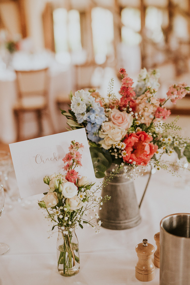 Jug Bottle Flowers Tables Centrepiece Pretty Natural Pink Blue Pastel Rustic Greenery Dove Grey Country Barn Wedding http://jonnymp.com/