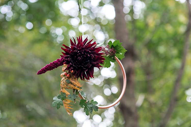 Hanging Copper Hoop Flowers 1970s Gypsy Bohemian Autumn Woodland Wedding Ideas http://carolineopacicphotography.com/
