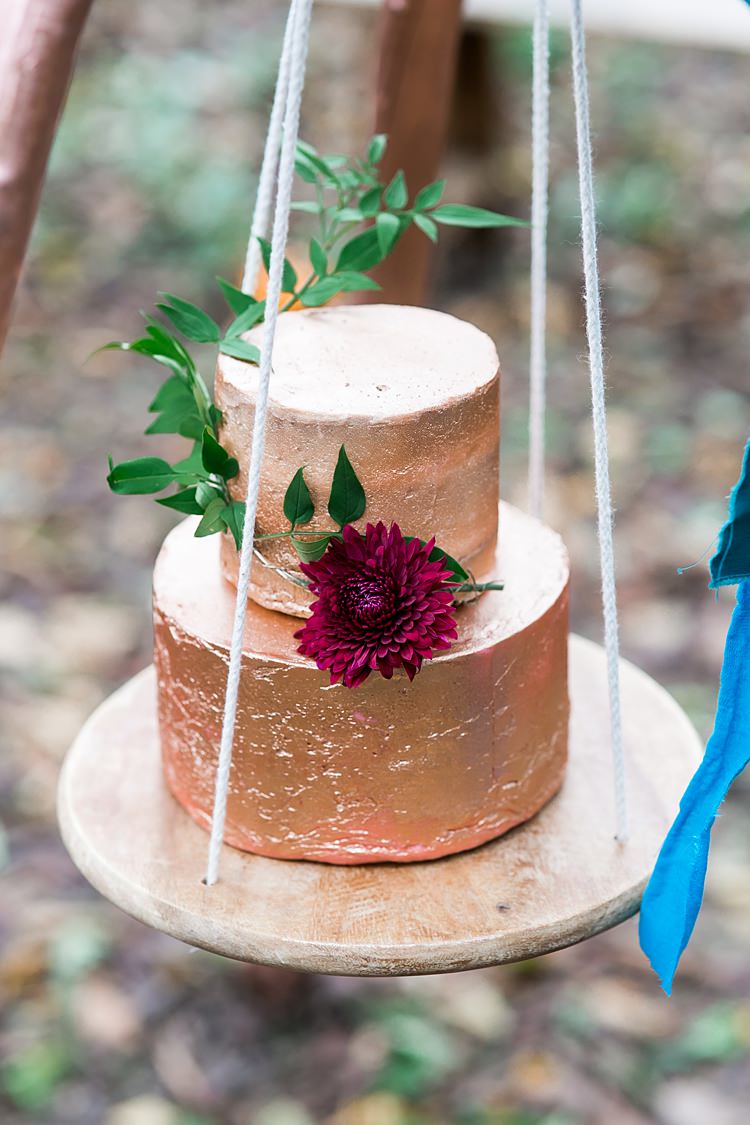 Hanging Copper Leaf Cake Metallic Buttercream 1970s Gypsy Bohemian Autumn Woodland Wedding Ideas http://carolineopacicphotography.com/