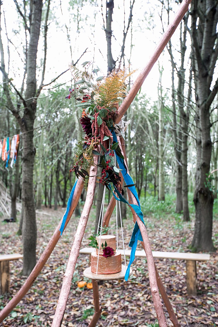 Hanging Copper Leaf Cake Metallic Buttercream 1970s Gypsy Bohemian Autumn Woodland Wedding Ideas http://carolineopacicphotography.com/