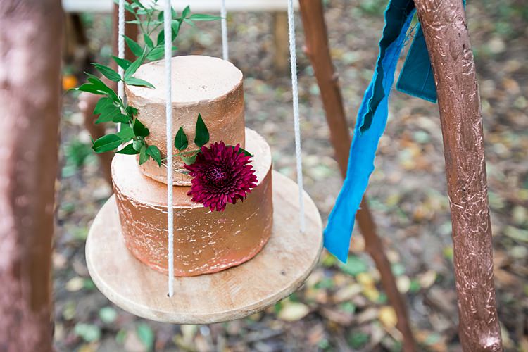 Hanging Copper Leaf Cake Metallic Buttercream 1970s Gypsy Bohemian Autumn Woodland Wedding Ideas http://carolineopacicphotography.com/